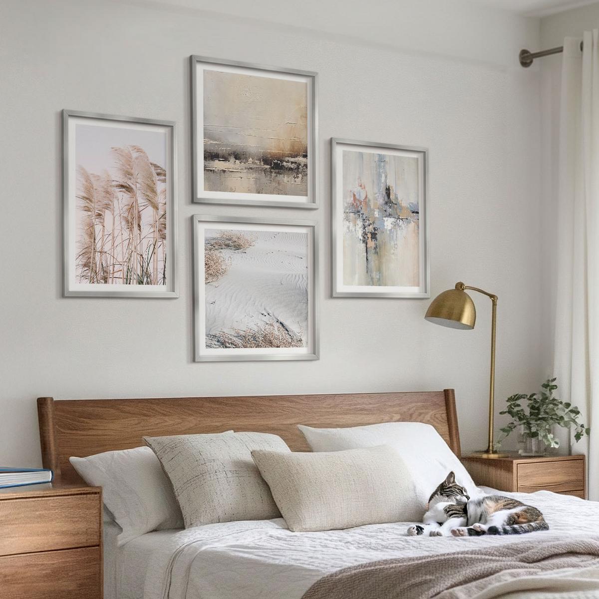 BILDER SET 4er Set - 50x50 cm & 40x60 cm Silberner Rahmen - Abstrakte Vegetationsmuster - Silberfarben, Kunststoff (50/50cm) - TULUP