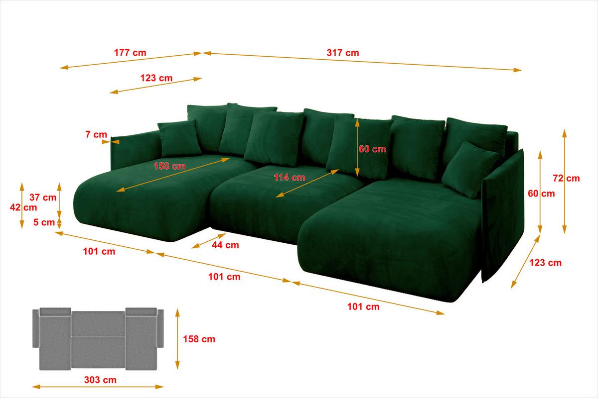 WOHNLANDSCHAFT mit Schlaffunktion und Bettkasten ONESK-U 317x177x72 Grün Velours - Grün, Holzwerkstoff/Kunststoff (317/72/177cm) - ALTDECOR