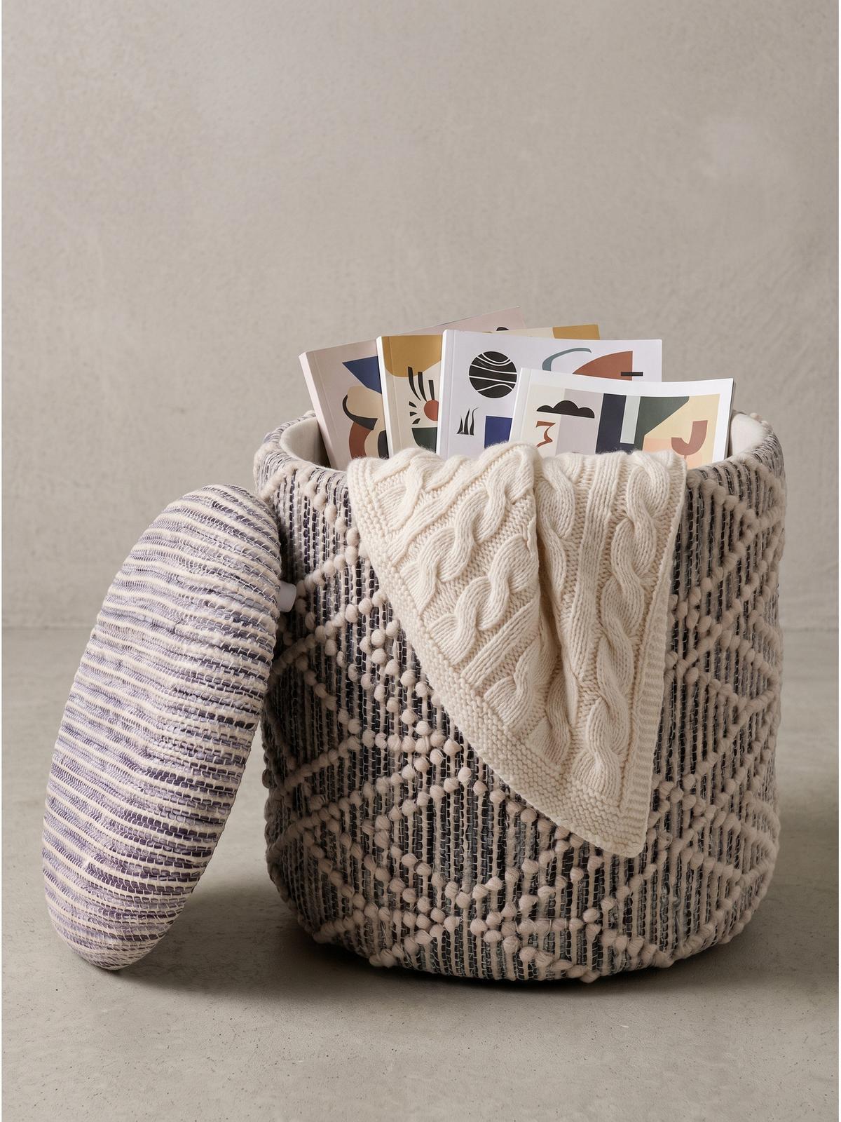 SITZHOCKER RHONE, Stoff, mit Textilbezug, Grau-Beige, Ø 40 x 45 cm - Grau, Textil (40/45/40cm) - KADIMA DESIGN
