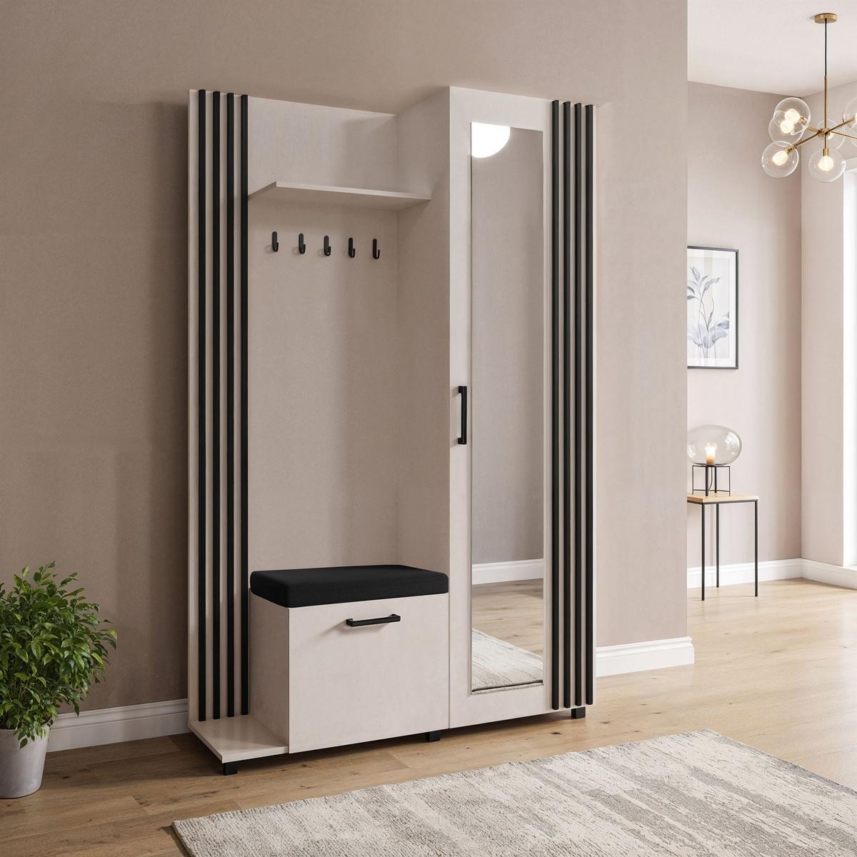 GARDEROBE Linaro mit Spiegel, Sitzbank in Lamellen-Optik 137/207/42 cm, Links - Kaschmir/Beige, Holzwerkstoff (137/207/42cm) - WFL GROUP