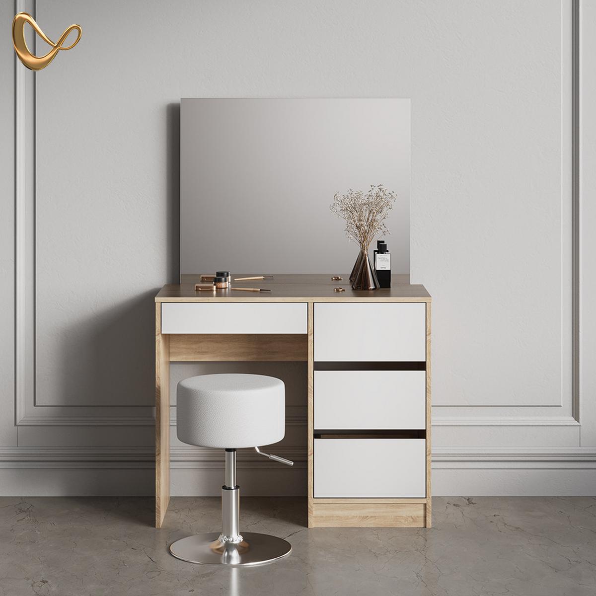 SCHMINKTISCH Imola Weiß/Sonoma 90 cm mit Hocker - Weiß/Sonoma Eiche, Holzwerkstoff (90/75/55cm) - Livinity®