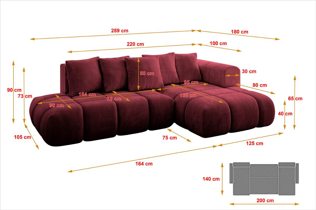 ECKSOFA Ottomane Rechts CLOUD-L-v1 280x185x90 Bordeaux Velours - Bordeaux, Holzwerkstoff/Kunststoff (185/280cm) - ALTDECOR