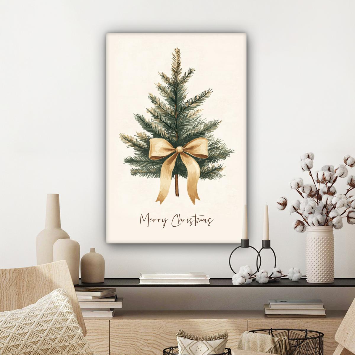 LEINWANDBILD Weihnachtsbaum - Weihnachten - Frohe Weihnachten - Beige Wanddeko Schlafzimmer 60x90 cm - Sandfarben, Textil (60/90cm) - MuchoWow