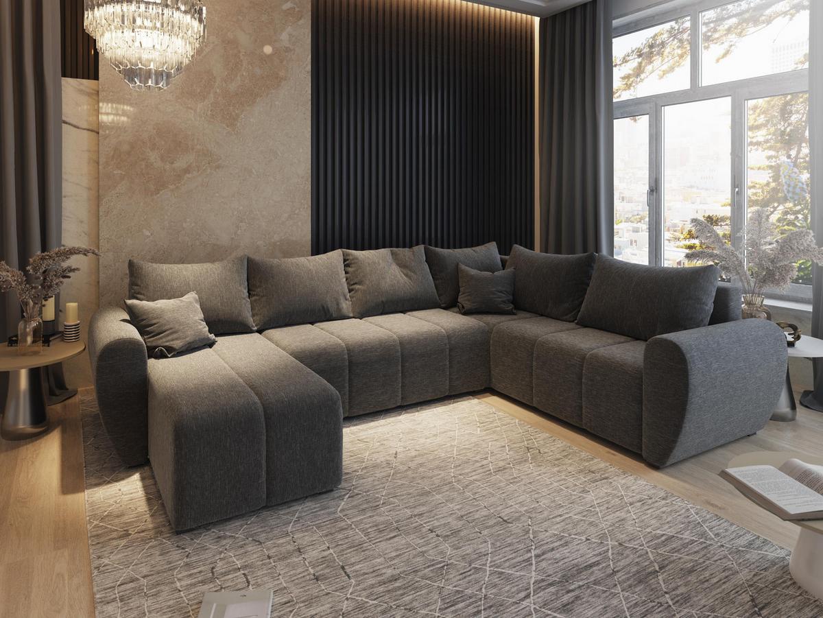 WOHNLANDSCHAFT MADISON XL R-S Grau Dünner Stoff mit Schlaffunktion - Schwarz/Grau, Holz/Kunststoff (303/82/208cm) - MASSENO