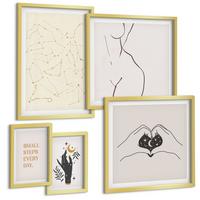 BILDER SET 5er Set - 50x50 cm & 20x30 cm & 40x60 cm Goldrahmen - Minimalistische Boho-Illustrationen - Goldfarben, Kunststoff (40/60cm) - TULUP