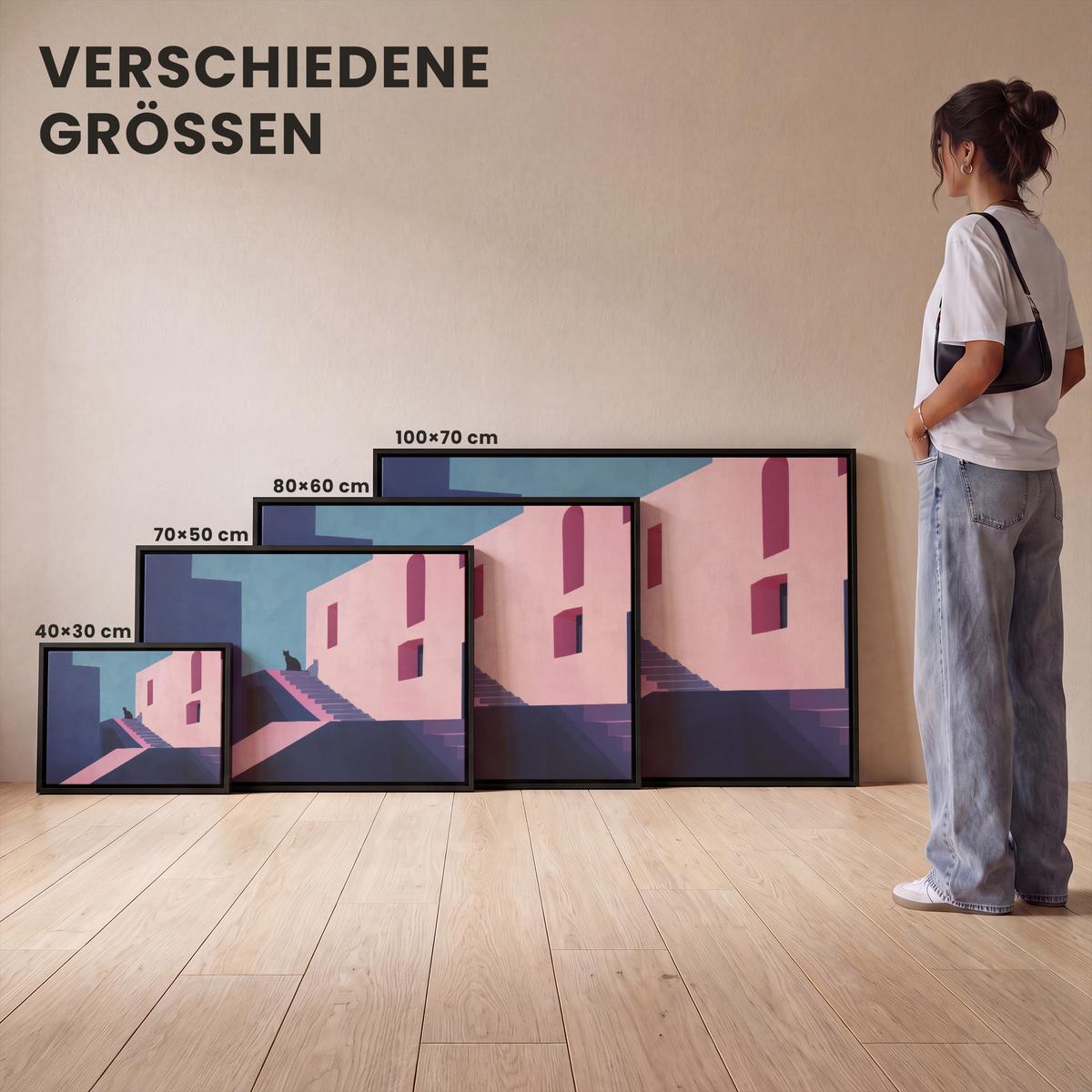 LEINWAND Bilder mit Rahmen - Katze - Treppe - Gebäude - Schattenkontraste - 100x70 - Dunkelblau, Textil (100/70cm) - MuchoWow