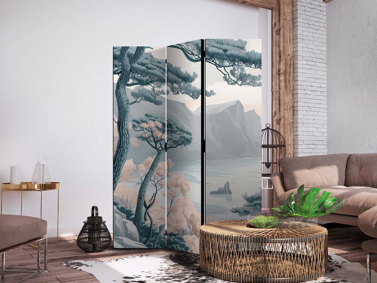 PARAVENT Einseitig Bedruckter 3-tlg 135x172 cm Bergk ste Landschaft - Blau, Holz/Textil (135/172/3cm) - Muralo