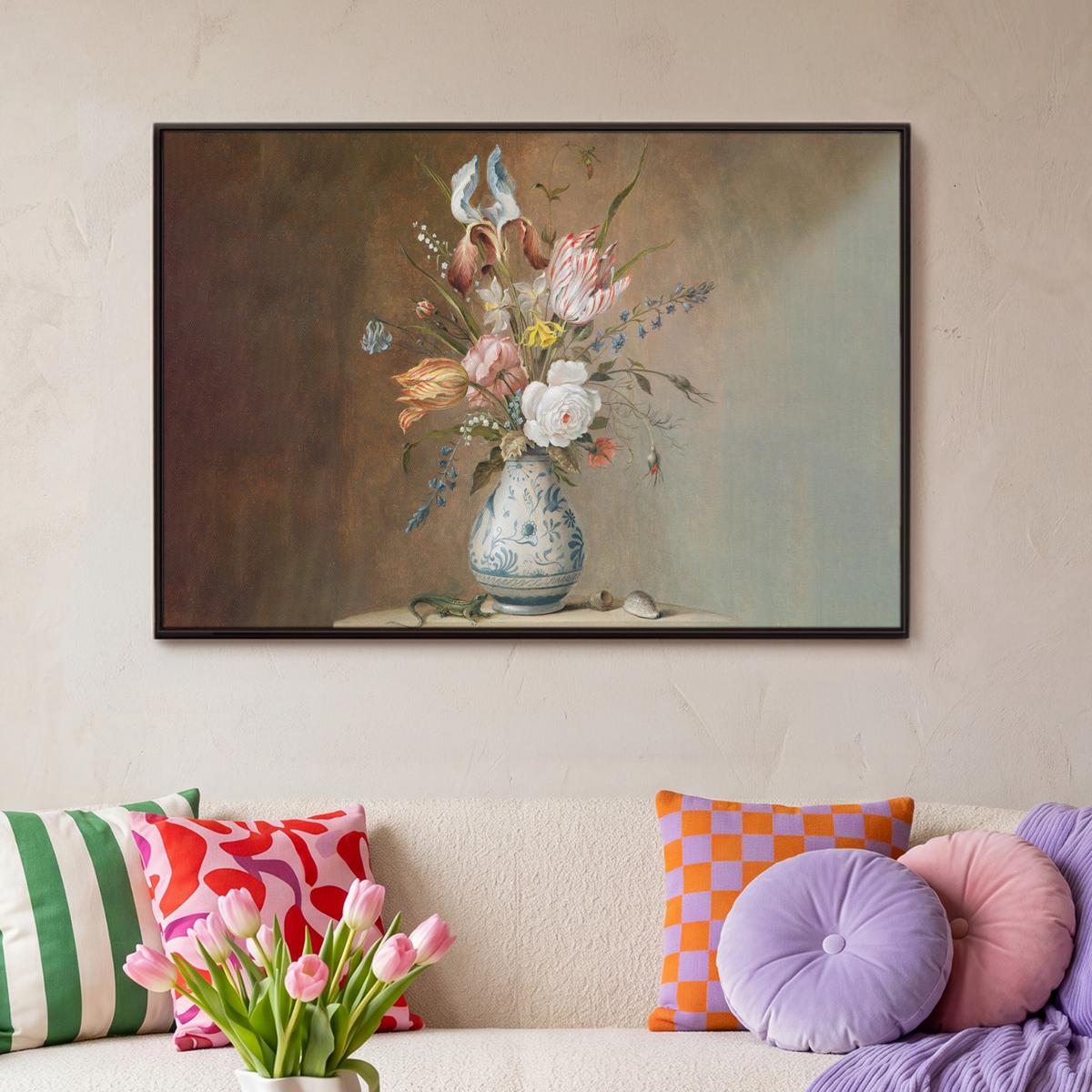 LEINWAND Bilder mit Rahmen - Alte Meister - Blumen - Balthasar van der Ast - 90x60 - Hellbraun, Textil (90/60cm) - MuchoWow