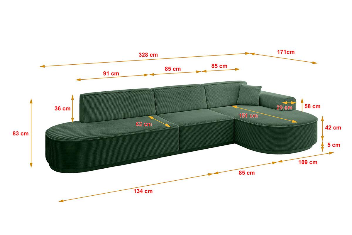 ECKSOFA Ottomane Rechts MARI-L2-v3 - 328x171x83 cm Grün Cord - Schwarz/Grün, Holzwerkstoff/Kunststoff (171/328cm) - ALTDECOR