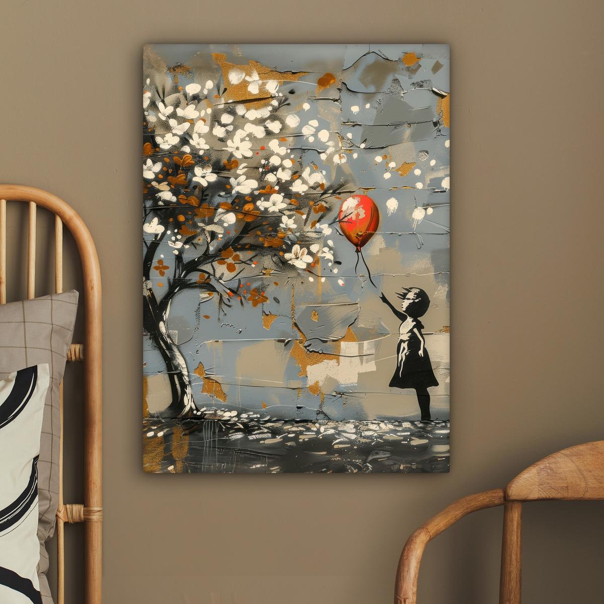 LEINWANDBILD Baum - Graffiti - Banksy-Stil - Ballon-Mädchen Wandbild Wohnzimmer 60x80 cm - Blaugrau, Textil (60/80cm) - MuchoWow