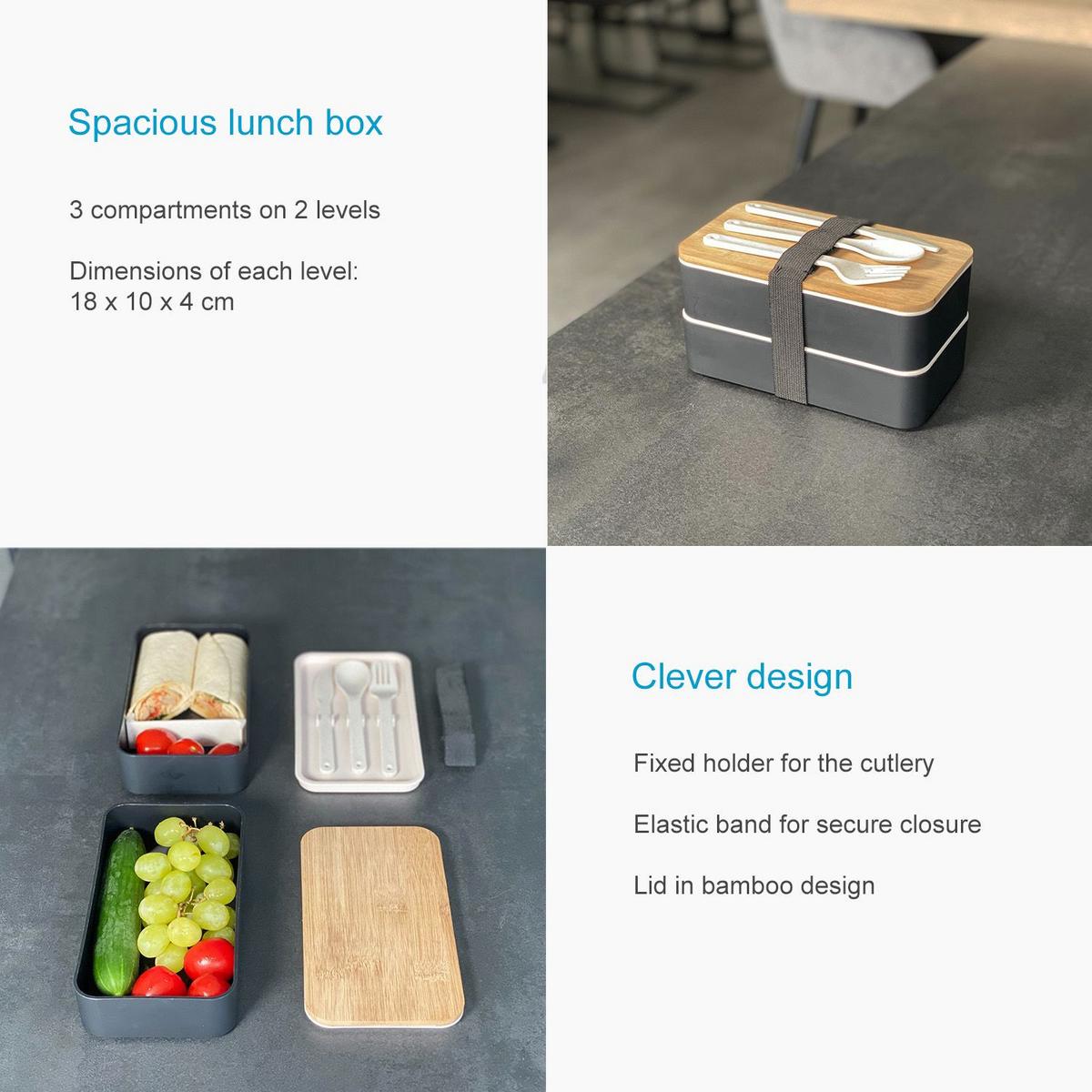 LUNCH BROTBOX mit Messer Gabel Löffel - Schwarz, Naturmaterialen (10.5/9.3/18.5cm) - Intirilife