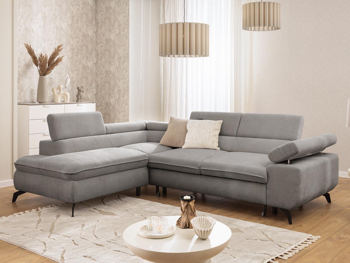 ECKSOFA mit Schlaffunktion und Bettkasten Bonnie aus Hellgrau Chenille-Stoff mit verstellbaren Kopfstützen und Armlehne - Ottomane links - Hellgrau/Schwarz, Holz/Textil (275/210cm) - S-Style Möbel