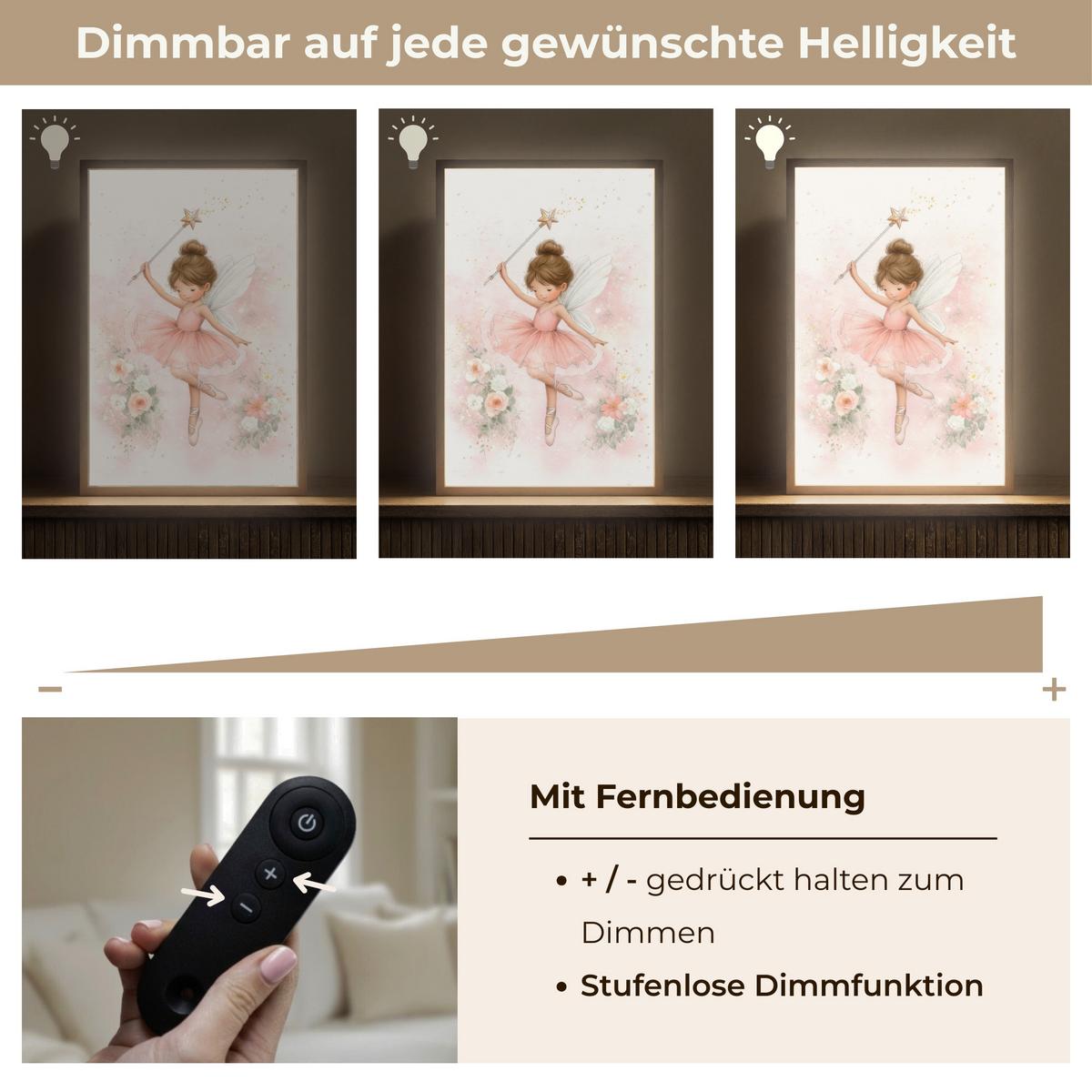 WANDLEUCHTE MIT AKKU Ballerina - Fee - Blumen - Rosa 40x60 cm - Rosa, Holzwerkstoff (40/60/8cm) - OnlyWow