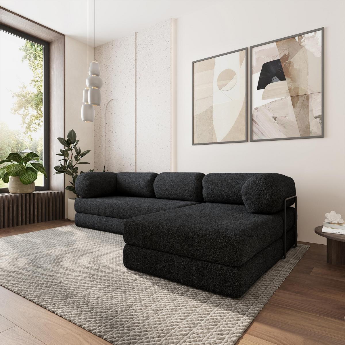 ECKSOFA KELI modulares Boneless Sofa mit Schlaffunktion Schwarz Boucle-Stoff - Schwarz, Textil (270/160cm) - MASSENO