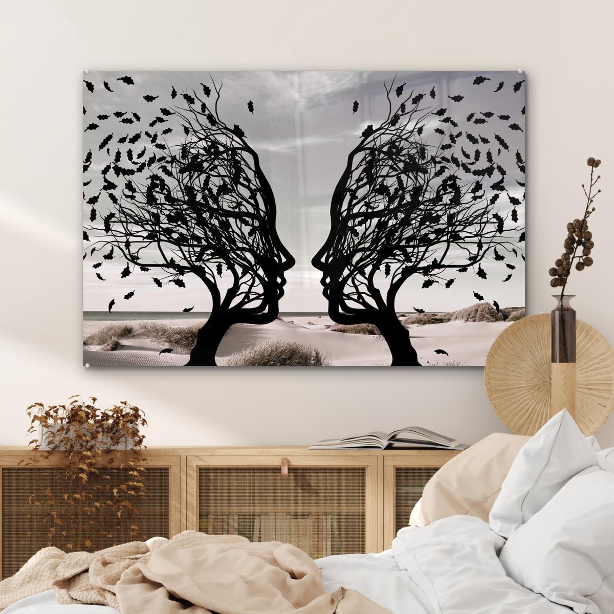ACRYLGLASBILD Strand - Meer - Menschen - Baum - Moderne Kunst Room Decor 90x60 cm - Hellgrau, Glas (90/60cm) - MuchoWow