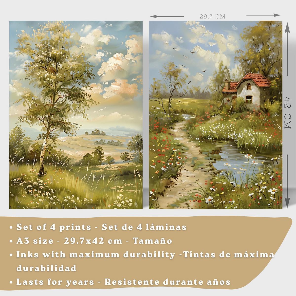 POSTER 4er Bilder-Set Wandbilder Impressionismus Landschaft modern Wohnzimmer Deko, Schlafzimmer, Küche, Badezimmer Weißer Rahmen A3 - Weiß, Papier (29.7/1/42cm) - Nacnic