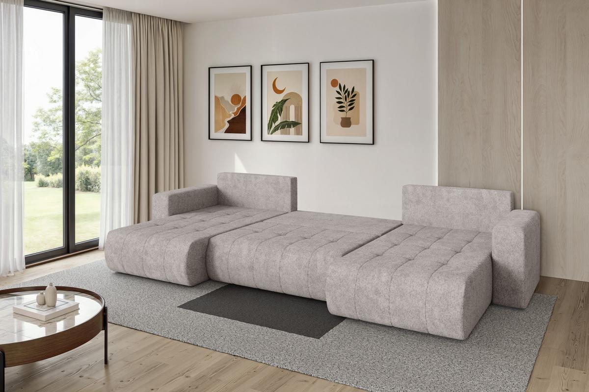 WOHNLANDSCHAFT mit Schlaffunktion und Bettkasten MILA-U 378x194x86 Hellgrau Velours - Hellgrau/Schwarz, Holzwerkstoff/Kunststoff (378/86/194cm) - ALTDECOR