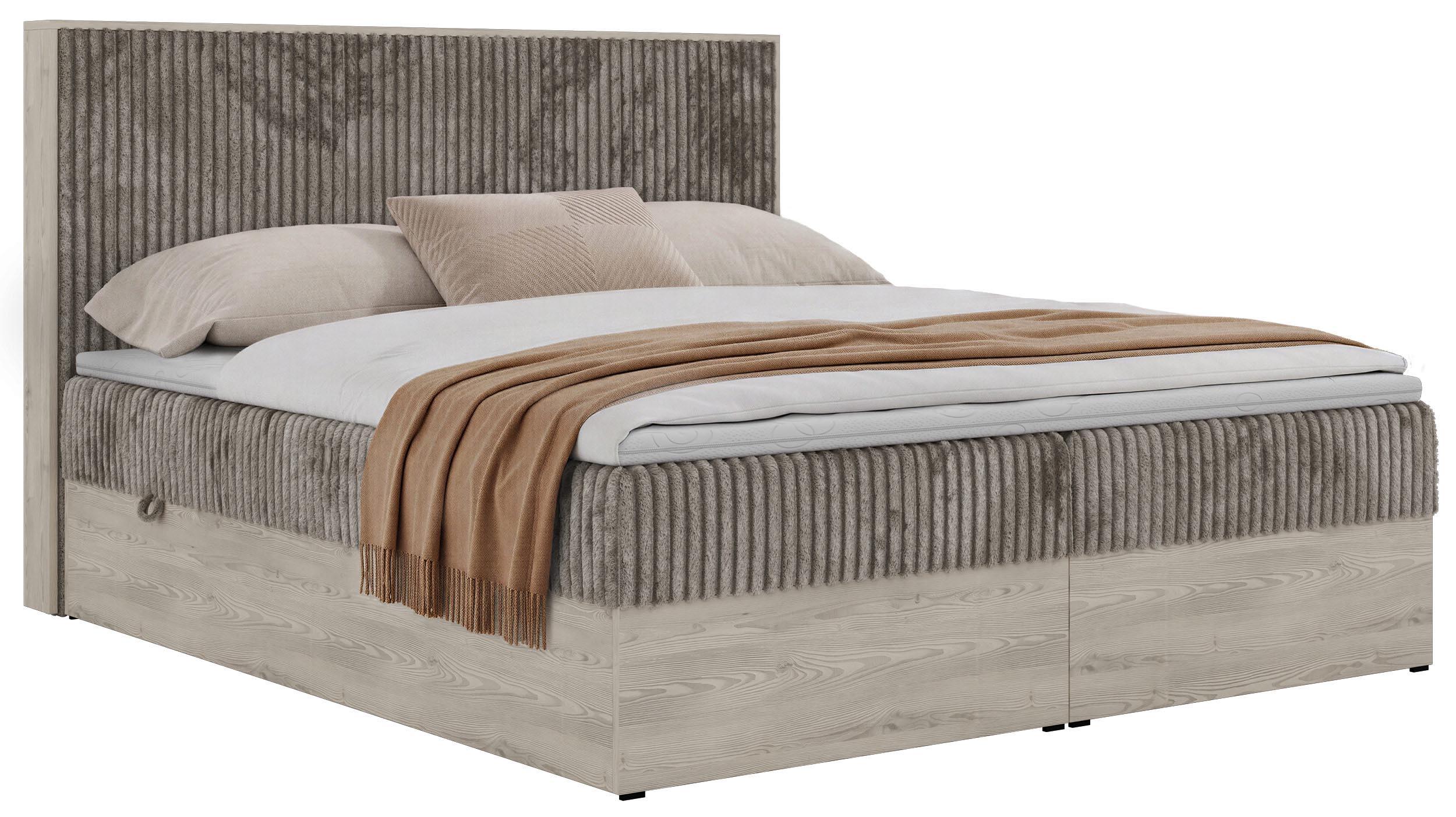 BOXSPRINGBETT NORDIC 180/200 - Hellbraun Cord - Topper Visco - H3 - Hellbraun/Schwarz, Kunststoff/Textil (180/200cm) - MKS