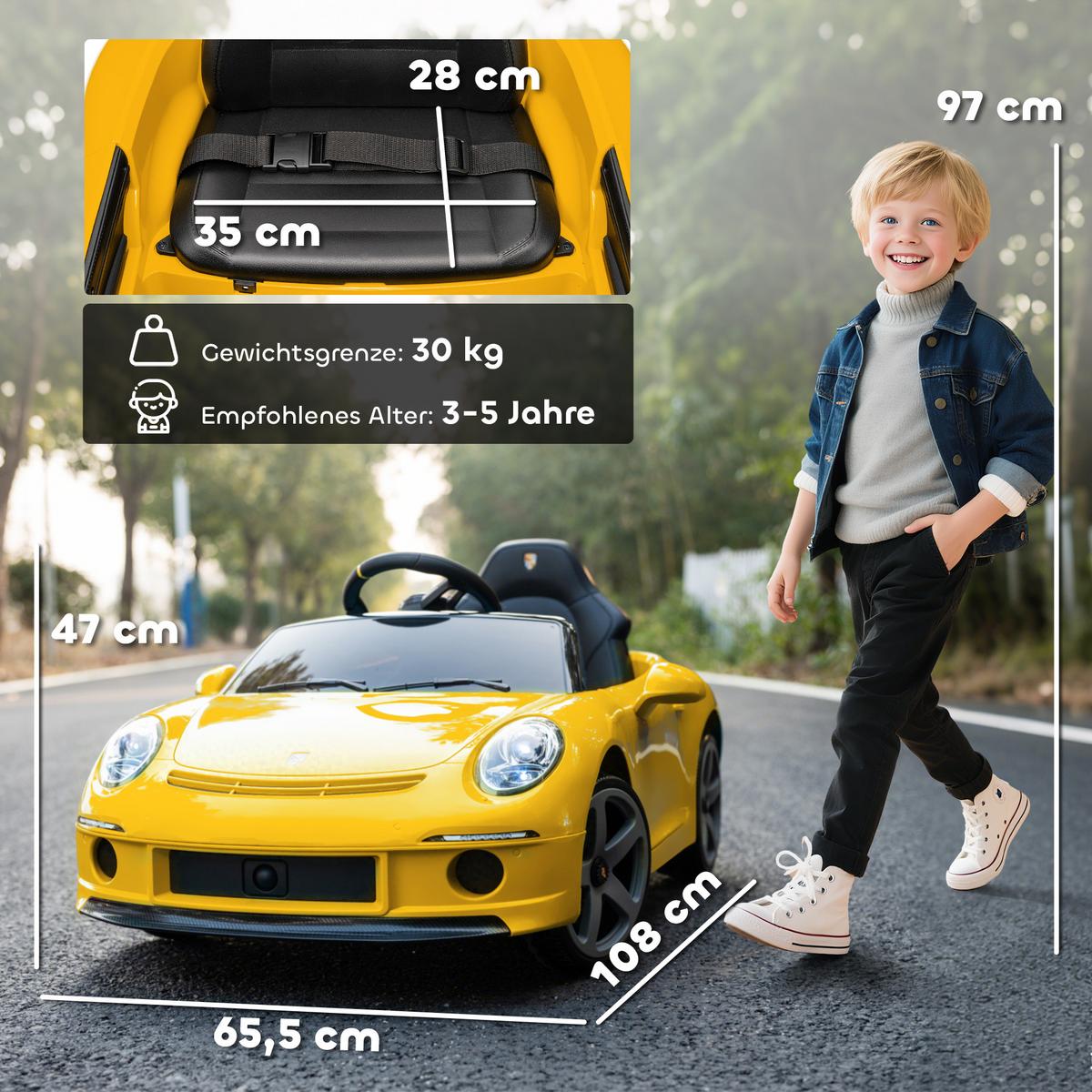 KINDER-ELEKTROAUTO 12V mit 2,4 GHz Fernbedienung, Softstart, Federungssystem - Gelb, Kunststoff (108/65.5/47cm) - AIYAPLAY