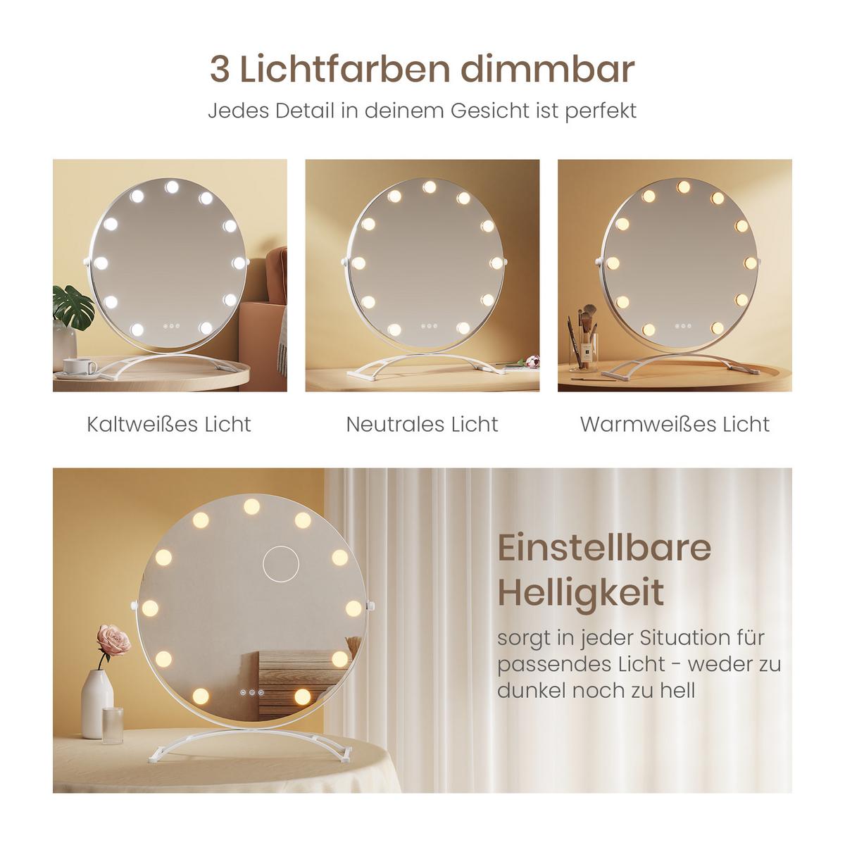 SCHMINKSPIEGEL Runder mit Beleuchtung, Weiß, ф50 cm - Weiß, Glas (50/50/6cm) - EMKE