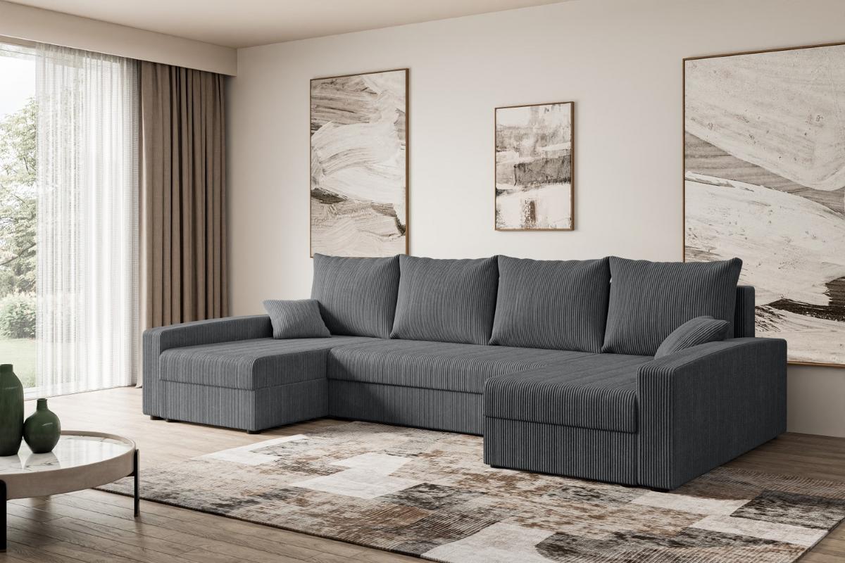 WOHNLANDSCHAFT mit Schlaffunktion und Bettkasten ALESIA-U 301x140x90 cm Grau Cord - Dunkelgrau/Silberfarben, Holzwerkstoff/Kunststoff (301/90/140cm) - ALTDECOR
