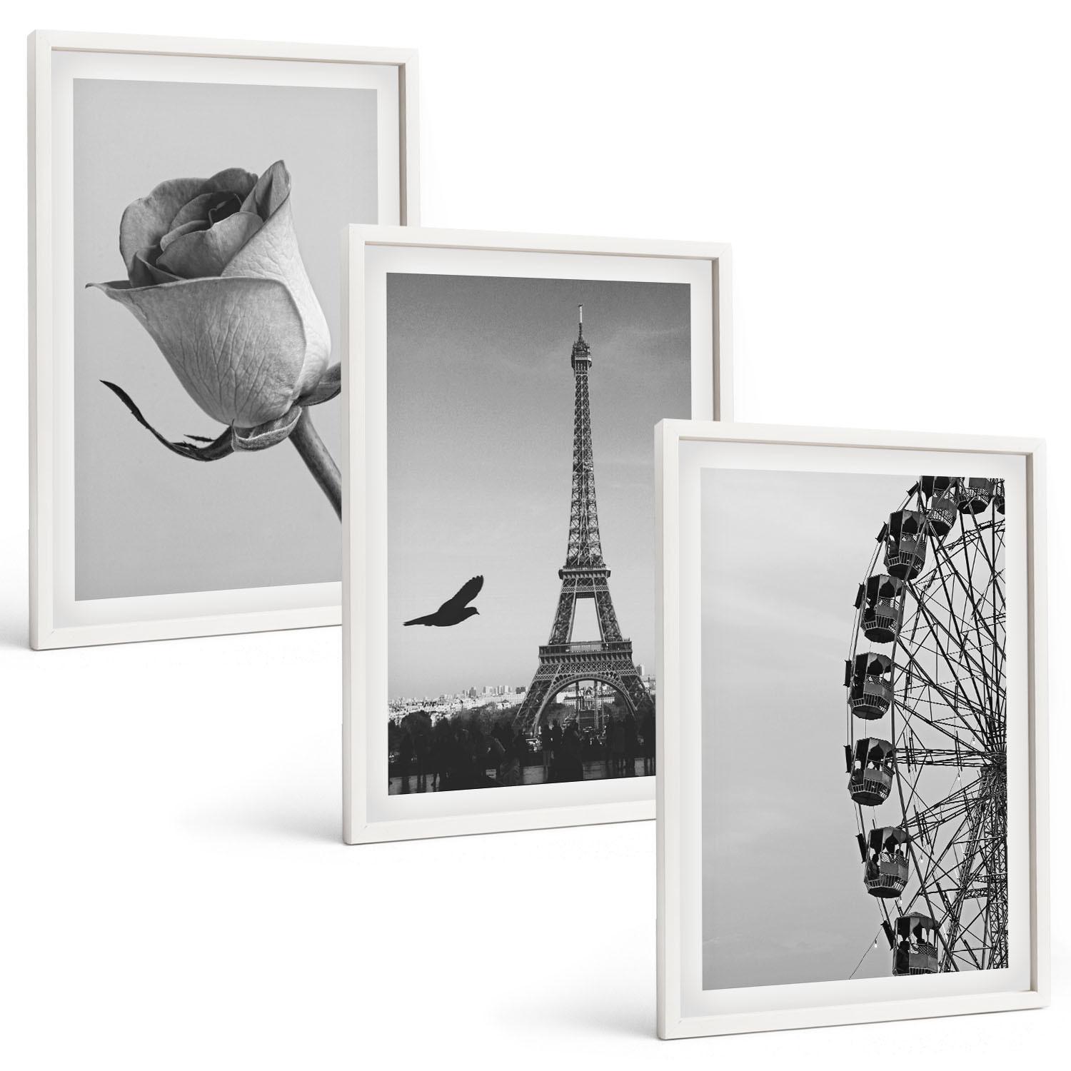 BILDER SET 3er Set - 40x60 cm Weißer Rahmen - Rose Eiffelturm Riesenrad - Weiß, Kunststoff (40/60cm) - TULUP