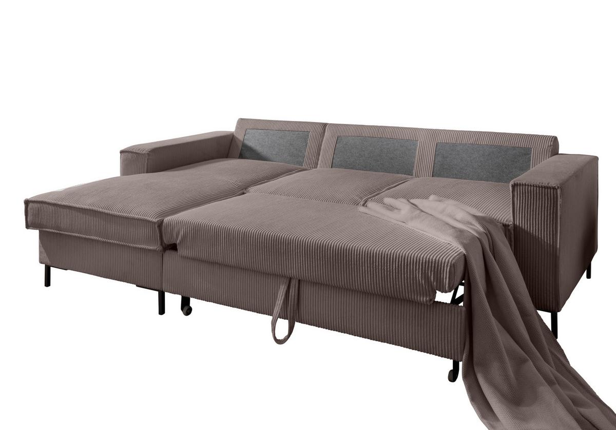 ECKSOFA mit Schlaffunktion, Bettkasten, Wellenunterfederung, Récamiere links B240/T150/H92 cm, Liegefl. 125x198 cm, Cord Braun Taupe / 17225 - Schwarz/Braun, Textil/Metall (240/150cm) - luma-home