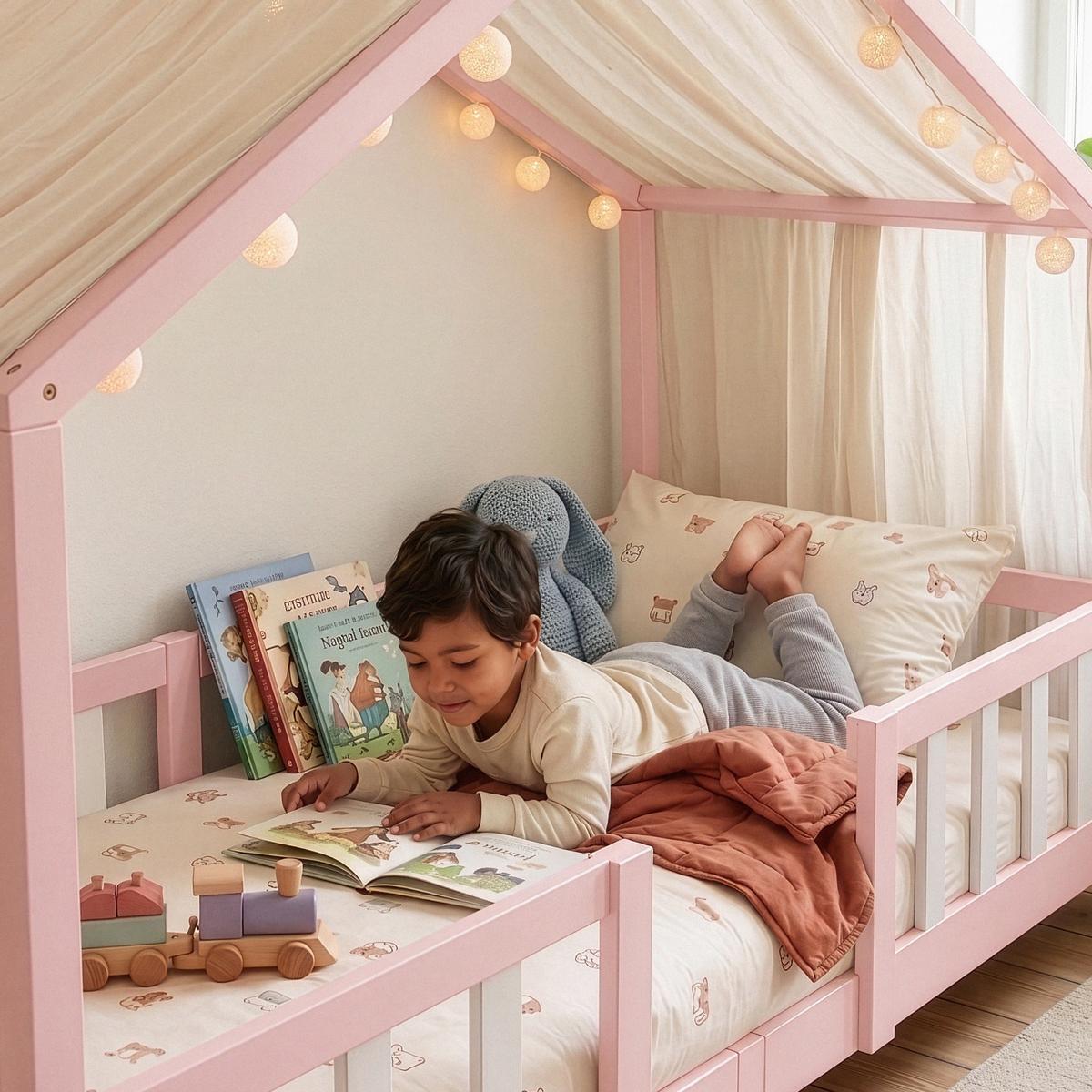 HAUSBETT Treviolo - Hellrosa/Weiß, Holz (90/200cm) - [en.casa]