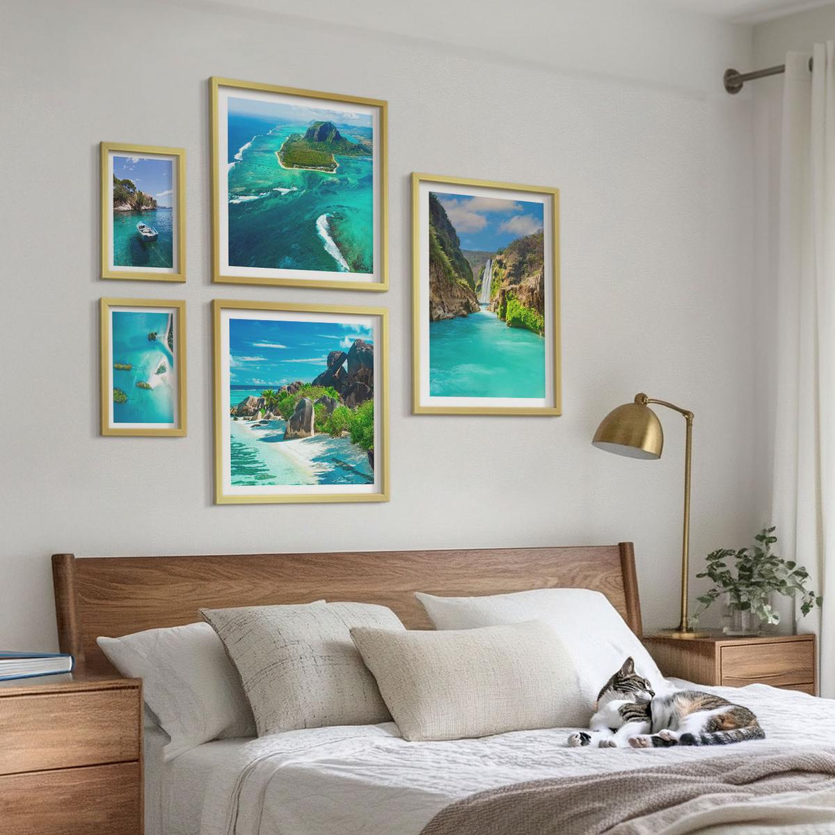 BILDER SET 5er Set - 50x50 cm & 20x30 cm & 40x60 cm Goldrahmen - Seeboote Hirsche Berge - Goldfarben, Kunststoff (40/60cm) - TULUP