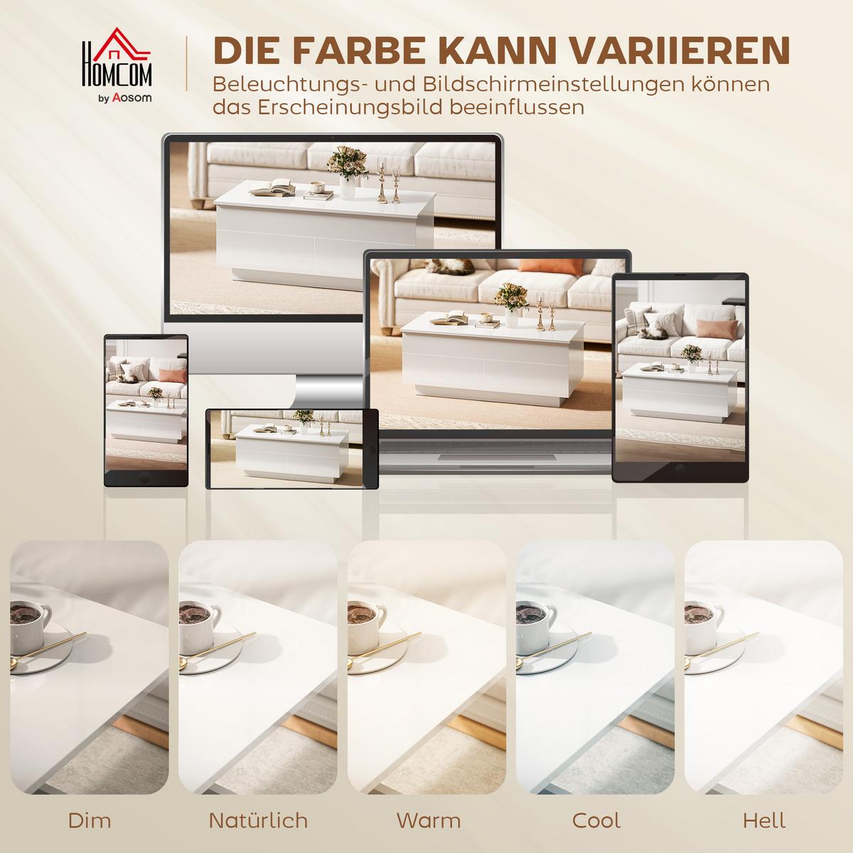 COUCHTISCH höhenverstellbar Spanplatte Hochglanzweiß - Weiß Hochglanz, Holzwerkstoff (102/48/54.5cm) - HOMCOM