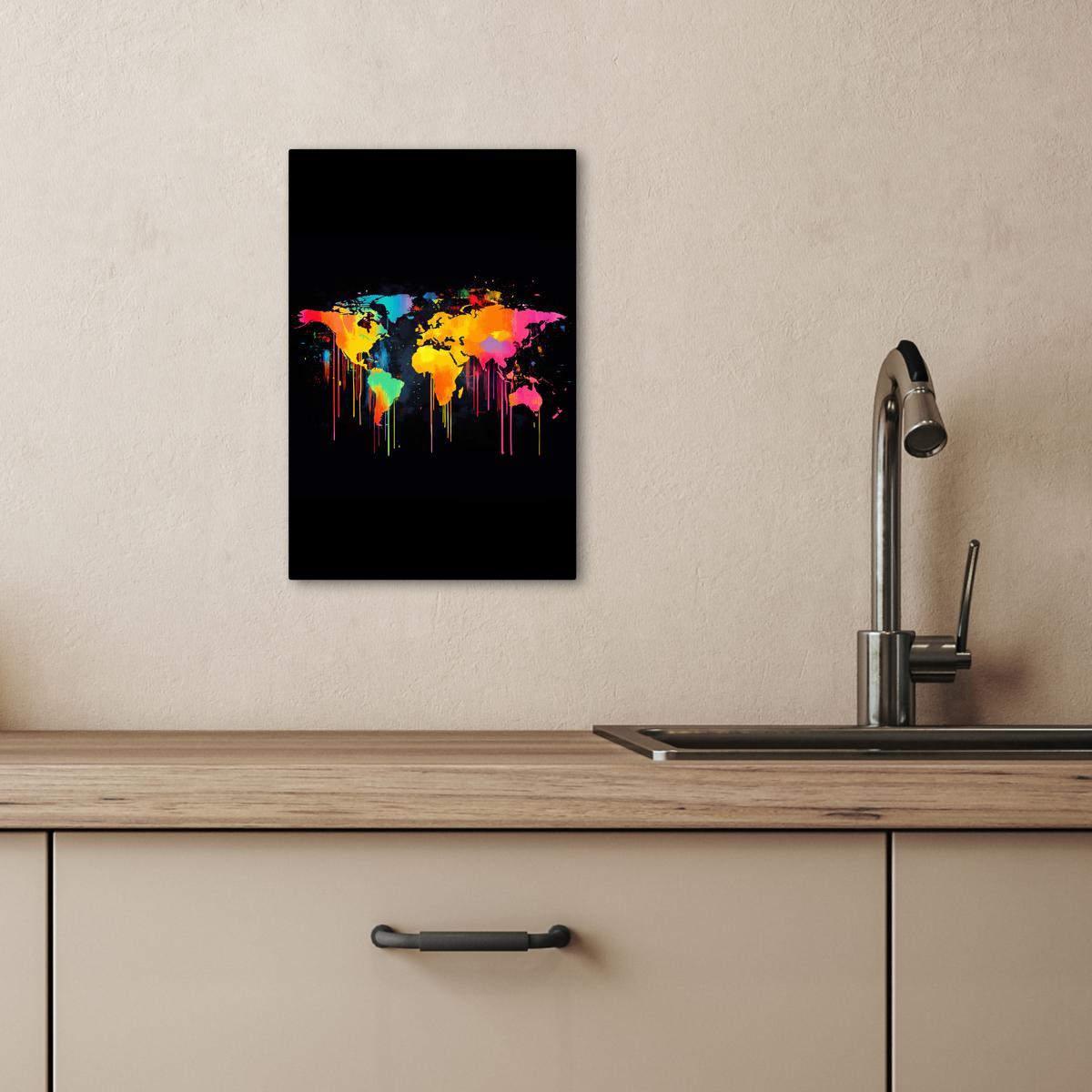 LEINWANDBILD Weltkarte - Farbe - Bunt - Graffiti - Welt Deko Wohnzimmer 20x30 cm - Multicolor, Textil (20/30cm) - MuchoWow