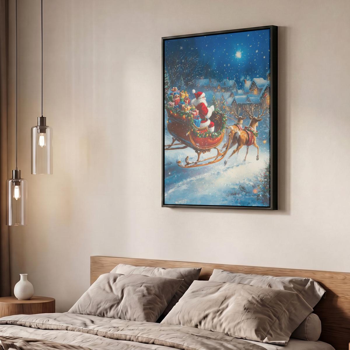 LEINWAND Bilder mit Rahmen - Weihnachtsmann - Rentier - Weihnachten - Schnee - 60x80 - Cognac, Textil (60/80cm) - MuchoWow