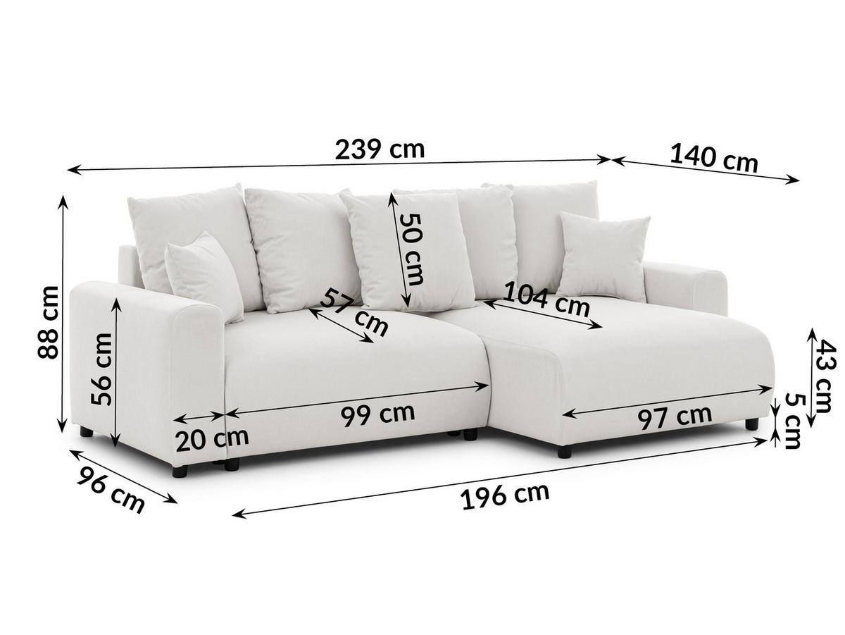 ECKSOFA Calma mit Schlaffunktion und Bettkasten im Bumpy-Design aus weichem Creme Webstoff - Ottomane rechts - Creme/Schwarz, Holz/Kunststoff (140/239cm) - S-Style