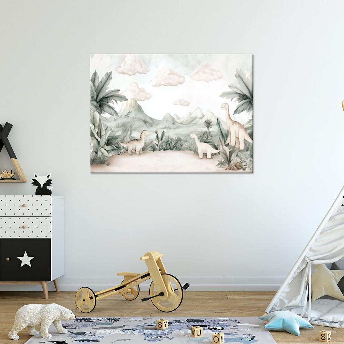 WANDBILD für kinderzimmer dinosaurier jura welt in pastelltönen - Grün, Textil (100/70cm) - Feeby