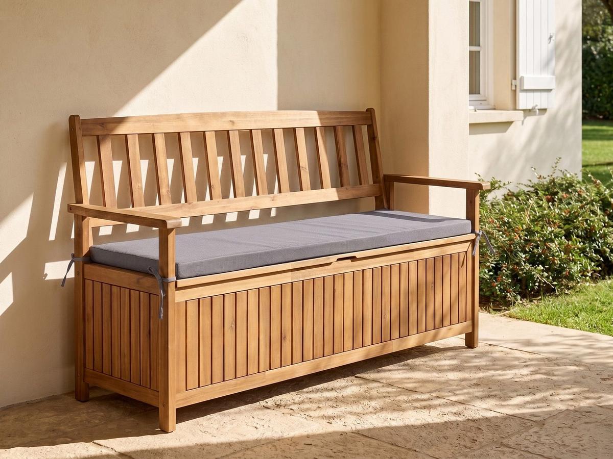 GARTENBANK mit Auflage 160 cm mit Stauraum Akazienholz Grau Sovana - Dunkelgrau/Braun, Holz (160/91/60cm) - Beliani