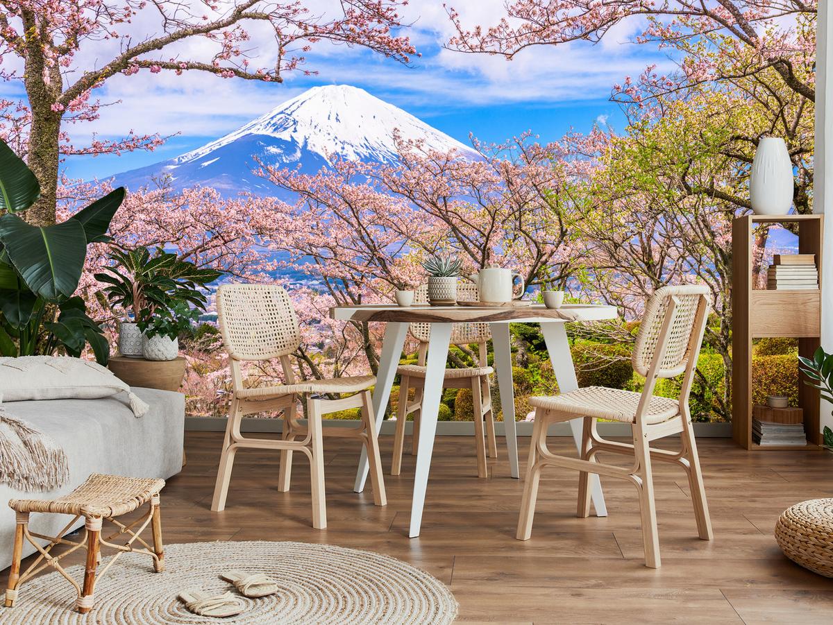 FOTOTAPETE für Wohnzimmer Peace Park Fuji View Kirschblüten 500x350 - Rosa/Braun, Papier (500/350cm) - Muralo