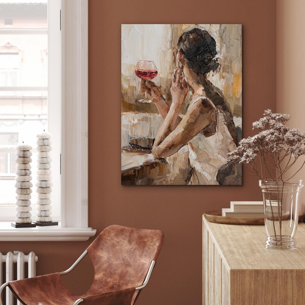 METALLBILD Ölgemälde - Frau - Wein 60x80 cm - Hellbraun, Metall (60/80cm) - MuchoWow
