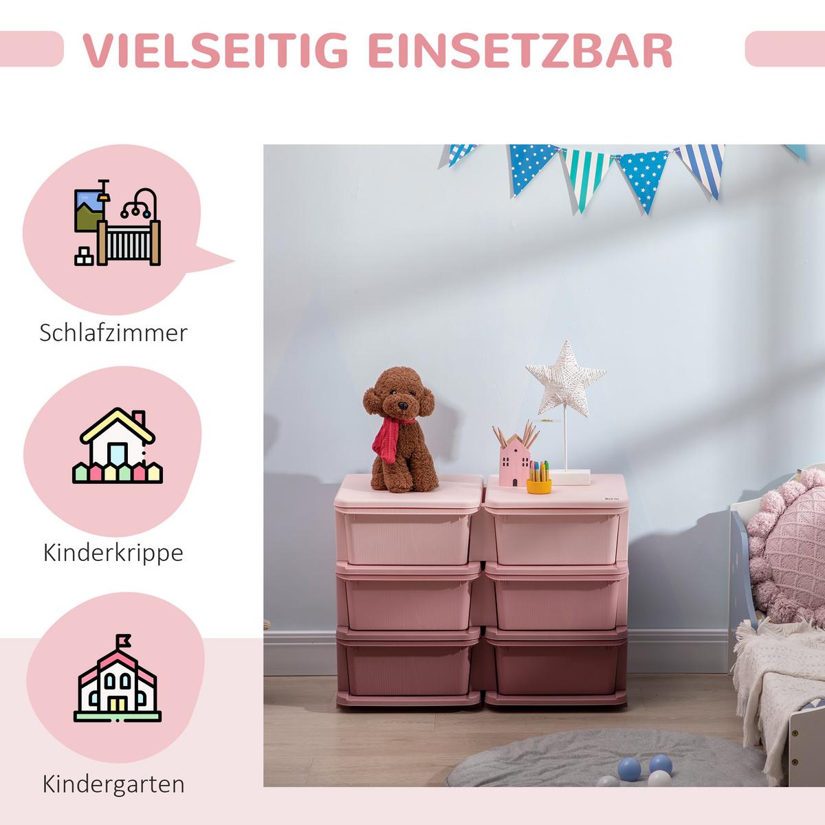 SCHUBLADENSCHRANK, Kunststoff, Rosa/Violett, 75L x 37B x 56,5H cm - Rosa, Kunststoff (37/56.5/75cm) - HOMCOM
