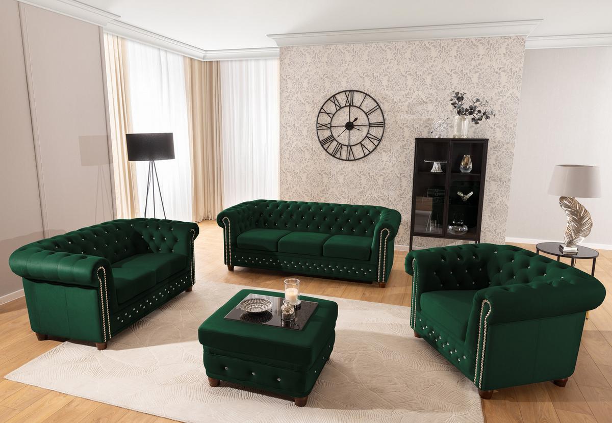 HOCKER Chesterfield Cleo Blink Flasche Grün Samt mit Kristallsteppung und braunen Massivholzfüßen - Braun/Grün, Holz/Textil (75/45/70cm) - S-Style Möbel
