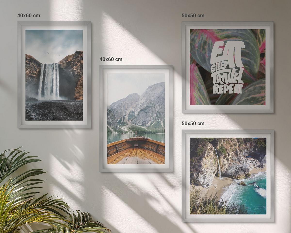 BILDER SET 4er Set - 50x50 cm & 40x60 cm Silberner Rahmen - Wasserfall Bergreise Natur - Silberfarben, Kunststoff (50/50cm) - TULUP