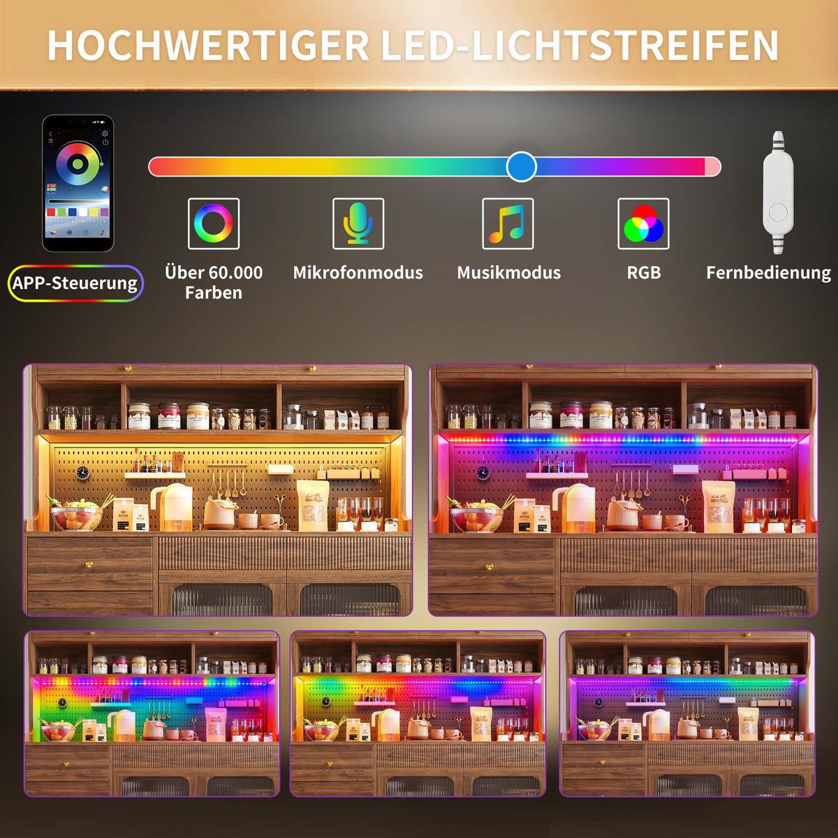 KÜCHENSCHRANK 171 cm mit Smart-LED, Glasfront & Lochwand - Walnussfarben, Holzwerkstoff (145/171/39cm) - Urban Meuble