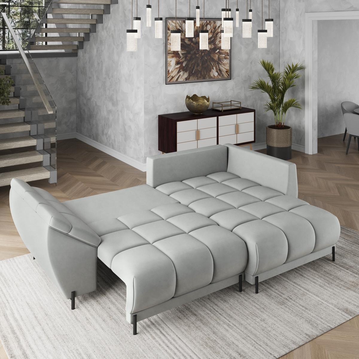 ECKSOFA VESTANO R-S Hellgrau Velours-Stoff mit Schlaffunktion - Hellgrau, Holz (287/182cm) - MASSENO