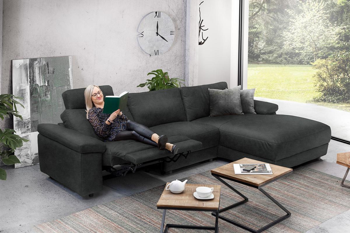 ECKSOFA XL MOTORISCHER RELAXFUNKTION LOLA Schwarz Leder Relaxfunktion - Schwarz, Leder (304/178cm) - KAWOLA