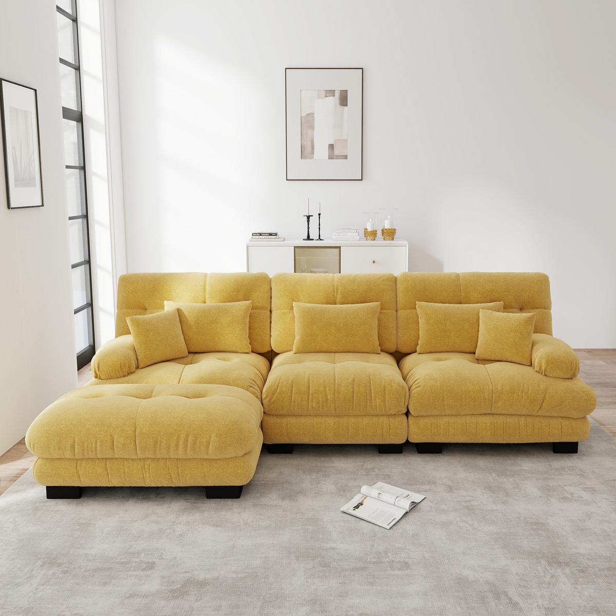 ECKSOFA Modulares 313cm Chenille Cloud-Sofa mit Ottoman für das Wohnzimmer - Gelb, Textil (313/145cm) - Urban Meuble