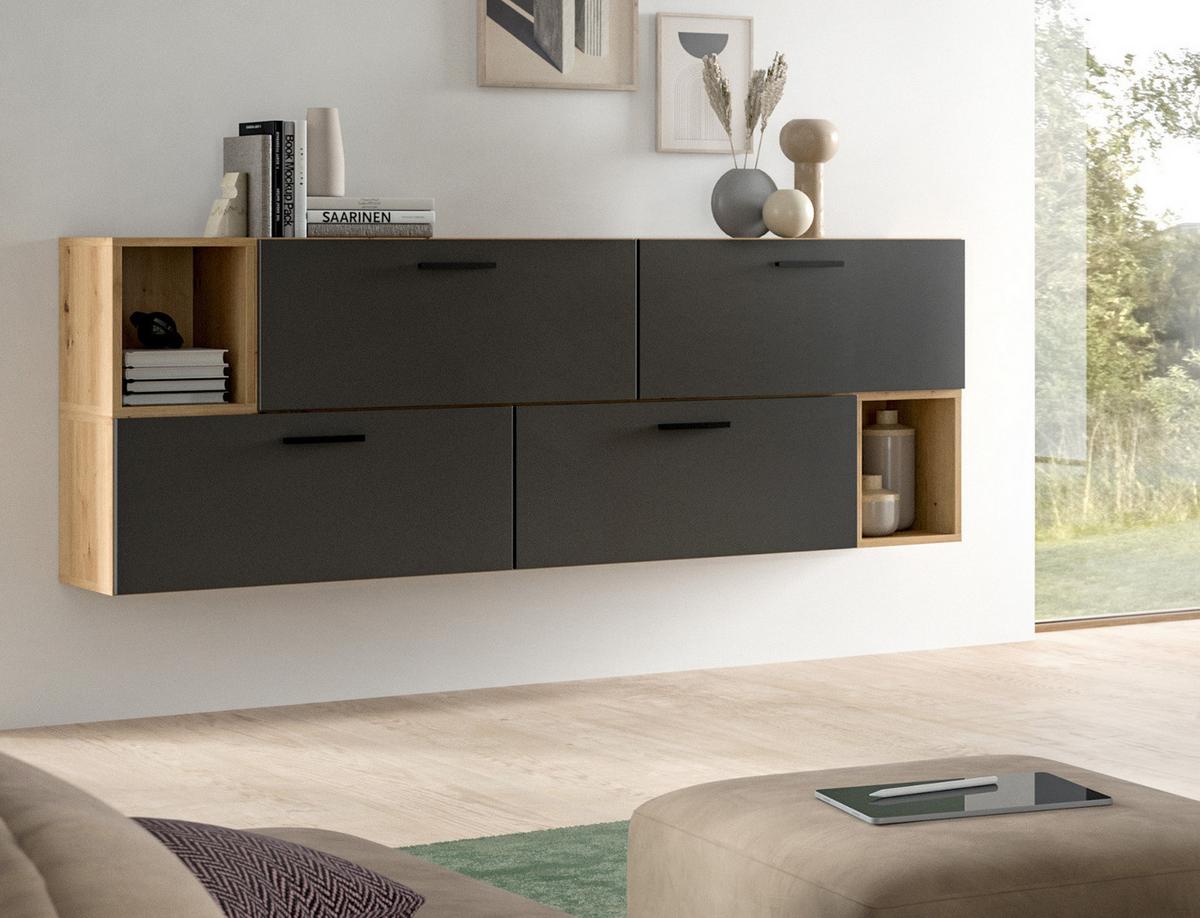 SIDEBOARD grau, Eiche Artisan 176 cm, Kommode hängend / stehend - Schwarz/Eiche Artisan, Holzwerkstoff/Kunststoff (176/65/34cm) - Inn.Furn