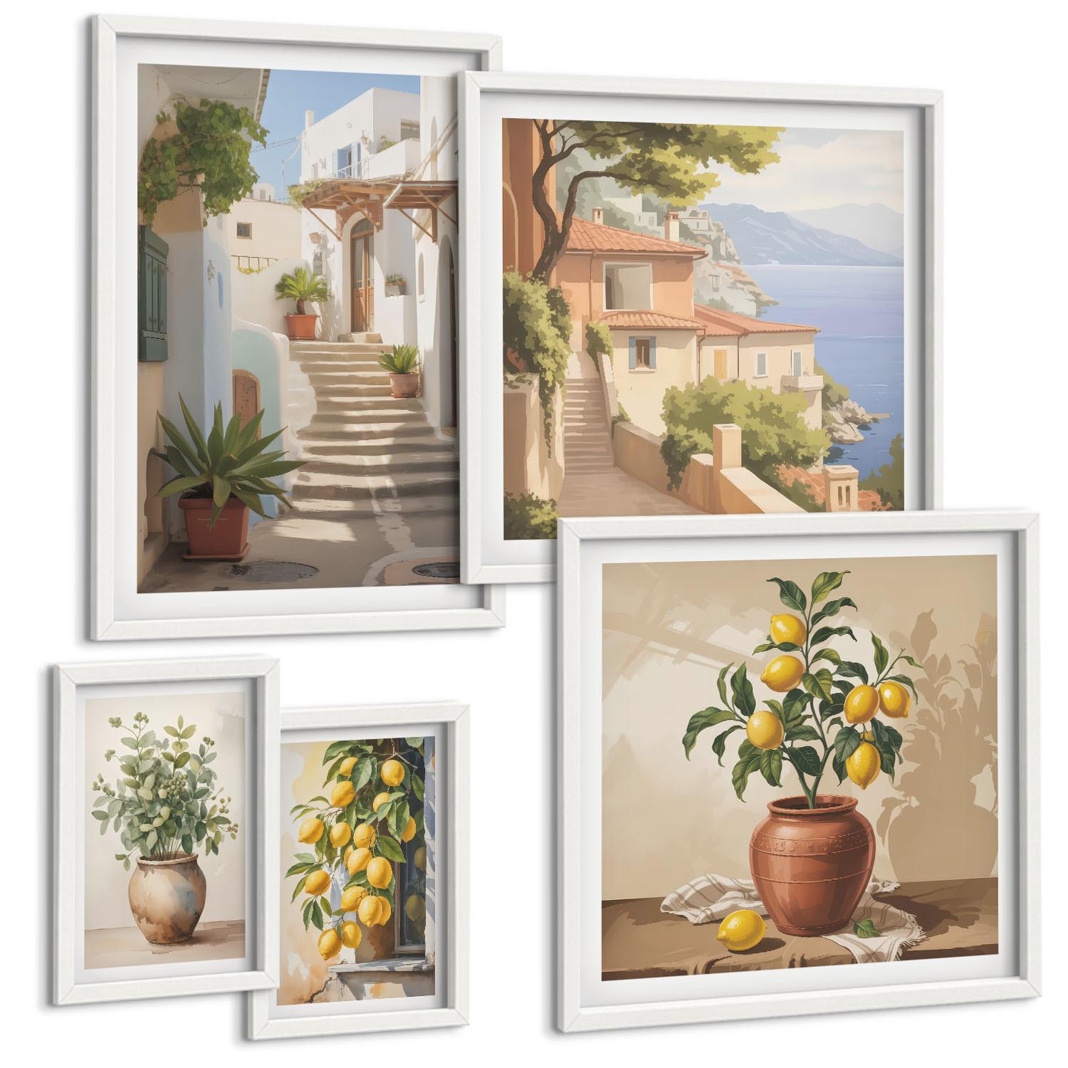 BILDER SET 5er Set - 50x50 cm & 20x30 cm & 40x60 cm Weißer Rahmen - Blumen in einer Vase, ein Meer aus Zitronen - Weiß, Kunststoff (40/60cm) - TULUP