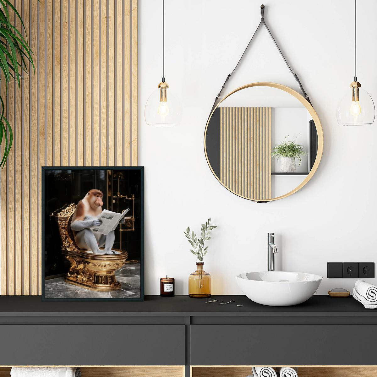 POSTER für WC Badezimmer NASENAFFE mit einer Zeitung Goldene Toilette Abstraktion 50x70cm - Gelb/Schwarz, Papier (50/70/70cm) - Muralo