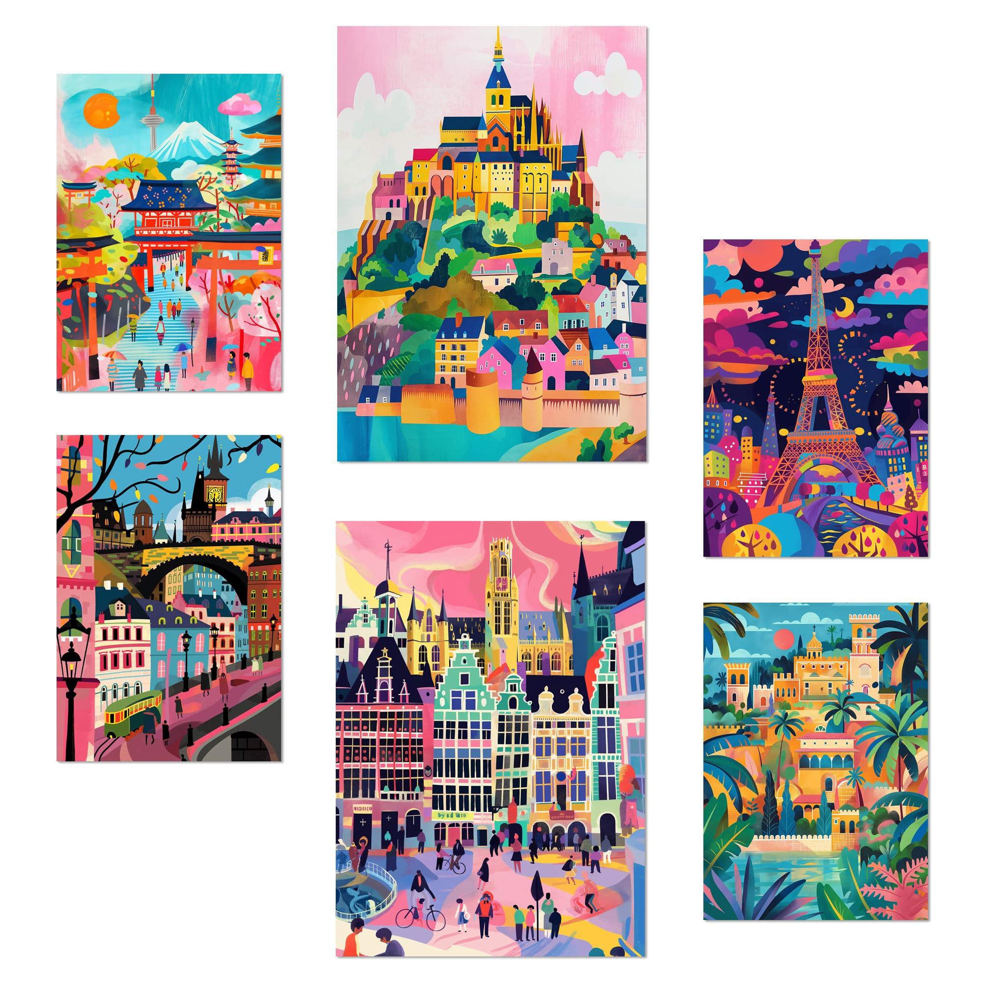 POSTER Set Mit 6 Mary Blair inspiriert Eiffel Prag Saint Michele Alhambra Belgien Fushimi A3 & A4 Rahmenlos - Klar, Papier (29/3cm) - Nacnic