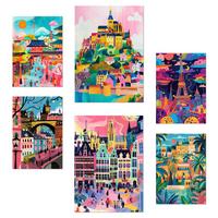 POSTER Set Mit 6 Mary Blair inspiriert Eiffel Prag Saint Michele Alhambra Belgien Fushimi A3 & A4 Rahmenlos - Klar, Papier (29/3cm) - Nacnic
