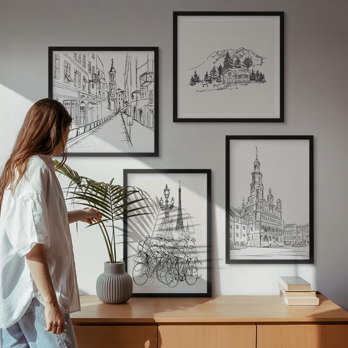 BILDER SET 4er Set - 50x50 cm & 40x60 cm Schwarzer Rahmen - Einfache Zeichnungen von Stadtansichten - Schwarz, Kunststoff (50/50cm) - TULUP